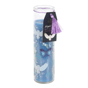 Night Owl Lavender tube candle in glass jar with purple tassel and gift tag on a white background
