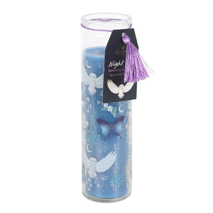 Night Owl Lavender tube candle in glass jar with purple tassel and gift tag on a white background