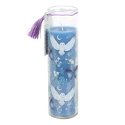 Night Owl Lavender tube candle in glass jar with purple tassel on a white background