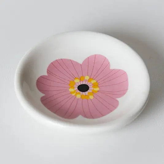  Pink Cosmos mini porcelain trinket dish, front view on white background showing delicate pink cosmos floral design