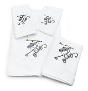 Set of white cotton baby towels with embroidered grey monkey swinging on a vine with green leaves, on white background
