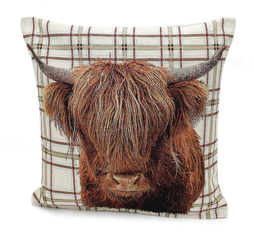 McGregor Highland cow cushion with printed shaggy cow design and curved horns on cream tartan background