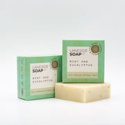 Laneside Soap Co Mint and Eucalyptus Soap Bar 135g alongside two green boxes on a light grey background