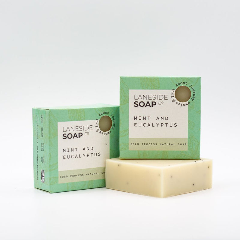 Laneside Soap Co Mint and Eucalyptus Soap Bar 135g alongside two green boxes on a light grey background