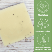  Laneside Soap Co Mint and Eucalyptus Soap Bar showing plastic free, luxurious lather, and eucalyptus and peppermint essential oil and poppy seeds highlights