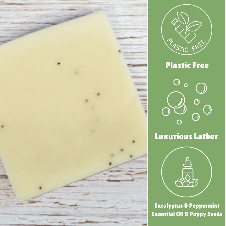  Laneside Soap Co Mint and Eucalyptus Soap Bar showing plastic free, luxurious lather, and eucalyptus and peppermint essential oil and poppy seeds highlights