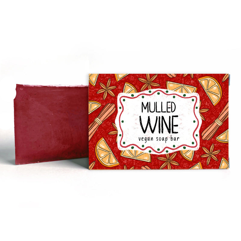 Neon Magpie Mulled Wine Vegan Soap Bar in deep burgundy packaging with orange slice and cinnamon design, with soap bar shown alongside