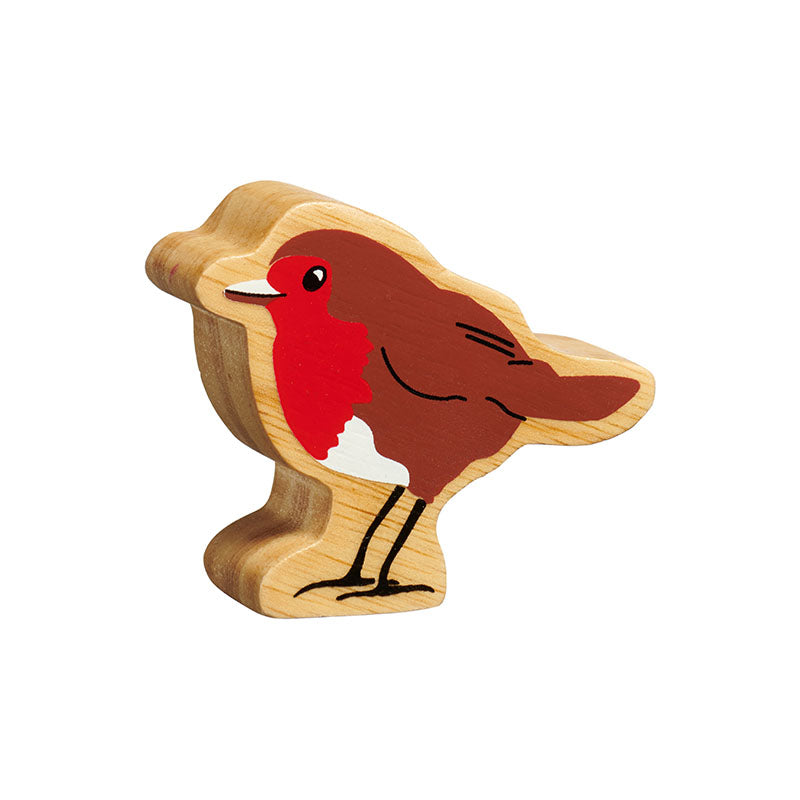 Wooden robin toy with painted wing, beak and feet details and a natural wood grain edge
