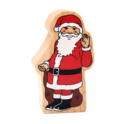 Wooden Father Christmas toy in a side-stance pose with traditional suit, flowing beard and raised hand