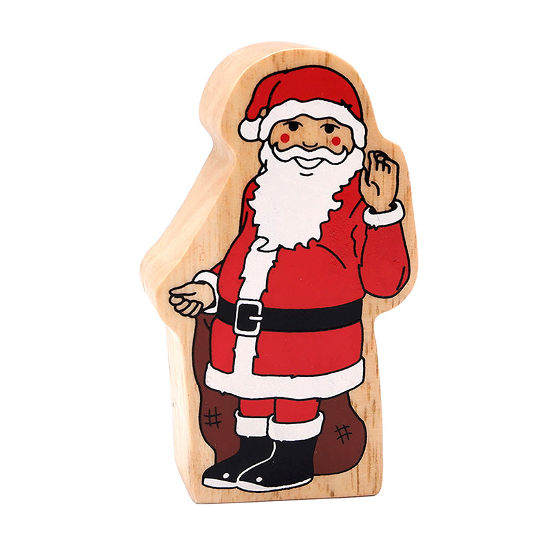 Wooden Father Christmas toy in a side-stance pose with traditional suit, flowing beard and raised hand