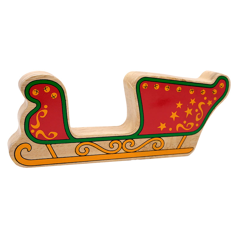 Wooden Christmas sleigh toy with decorative stars, scroll details, illustrated curved runners and a natural wood grain edge