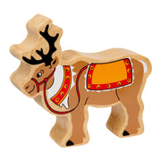 Wooden reindeer toy with branching antlers, painted reins, decorative blanket and bell details.