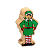 Wooden elf toy with festive hat, belted outfit, striped stockings and curled shoes