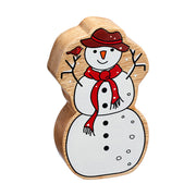 Wooden snowman toy with hat, scarf, smiling face and a robin perched on his twig-style arm.