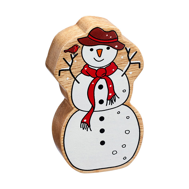 Wooden snowman toy with hat, scarf, smiling face and a robin perched on his twig-style arm.