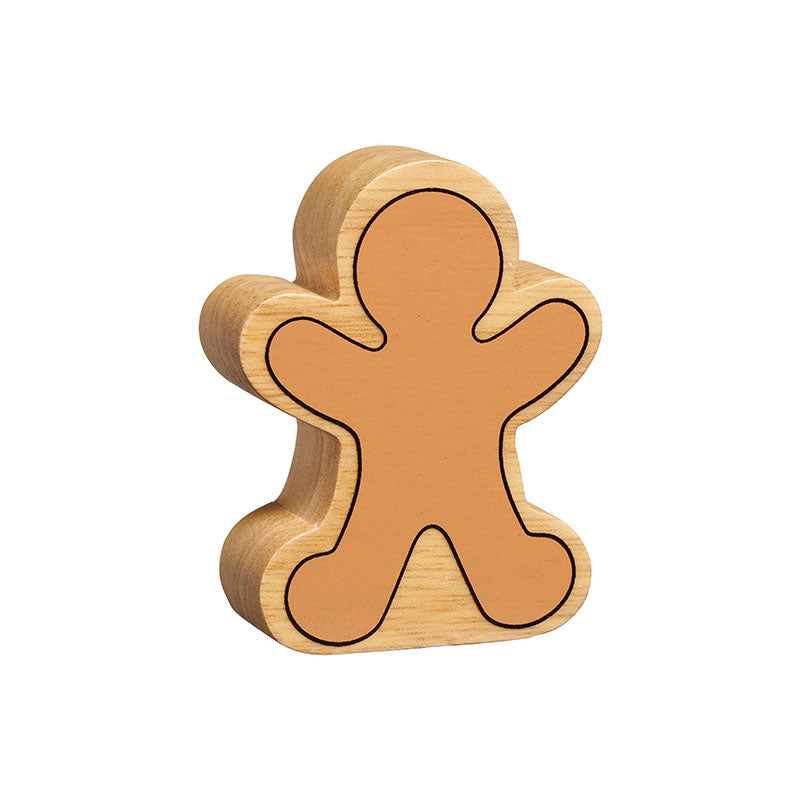 Back of wooden gingerbread man toy showing plain design, outlined shape and natural wood grain edge