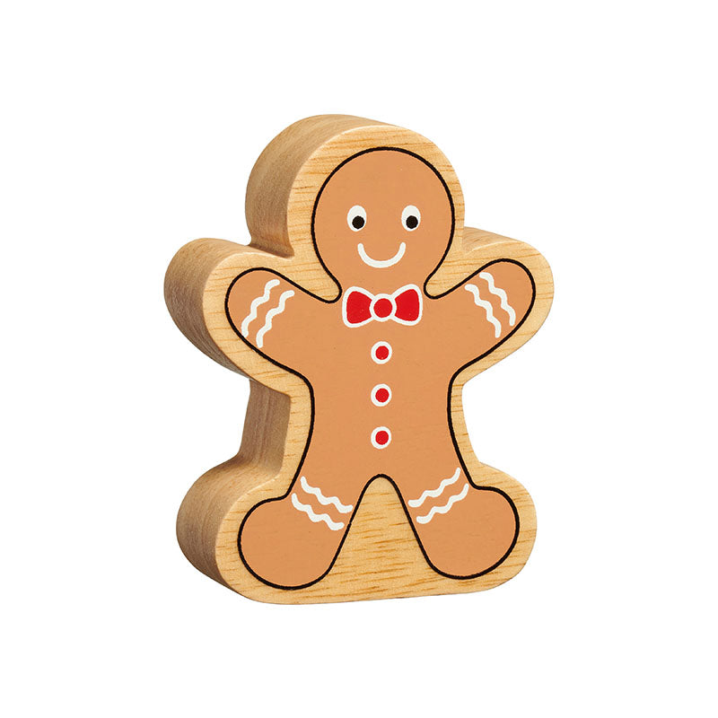 Wooden gingerbread man toy with smiling face, bow tie, three buttons and icing-style details
