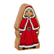 Wooden Mrs Claus toy with hooded cape, belted dress, decorative detailing and a smiling face