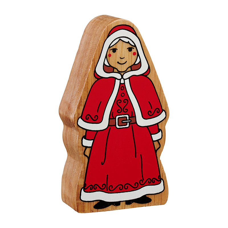 Wooden Mrs Claus toy with hooded cape, belted dress, decorative detailing and a smiling face