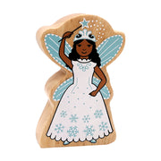 Wooden snow fairy toy with wings, crown, raised star wand and snowflake-patterned dress.