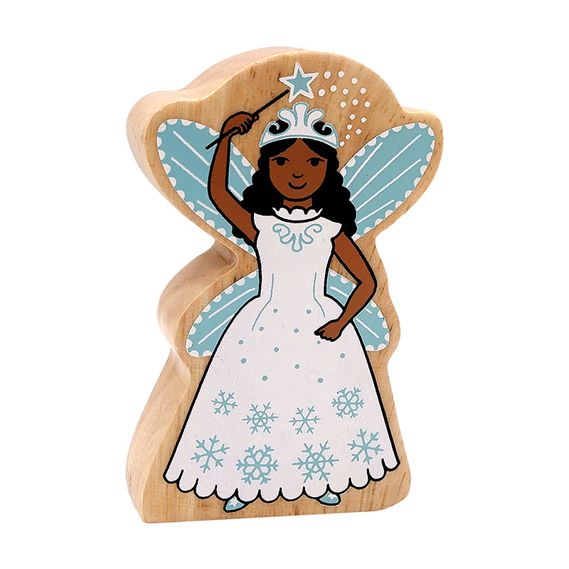 Wooden snow fairy toy with wings, crown, raised star wand and snowflake-patterned dress.