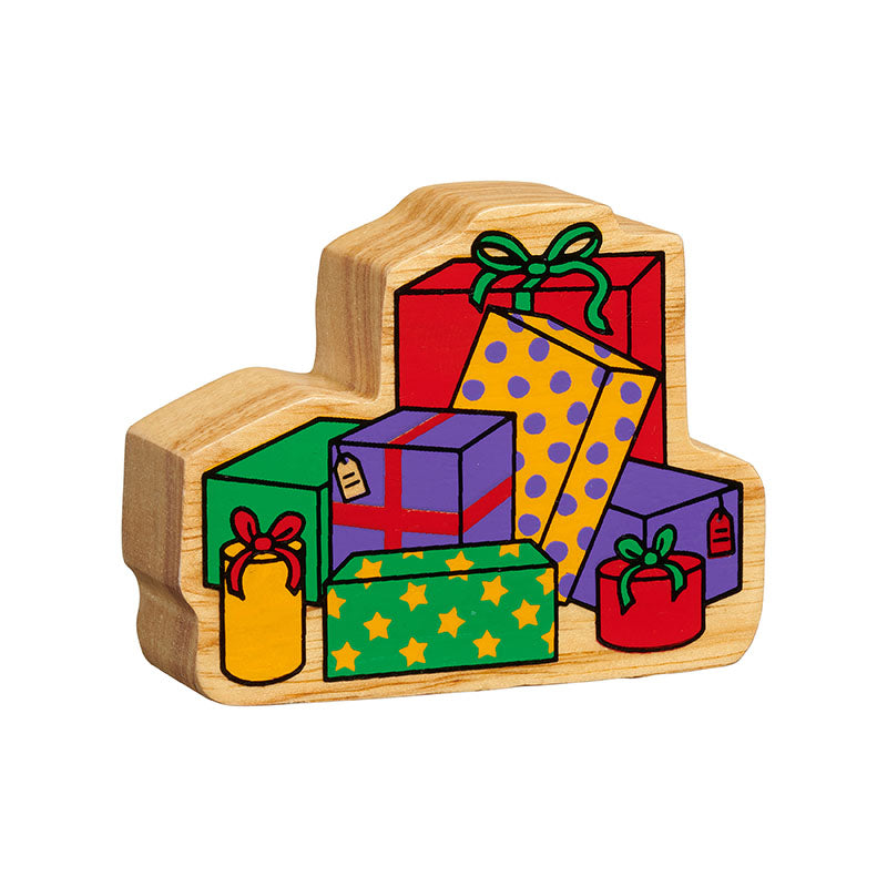 Wooden Christmas stack of presents toy with printed bows, stars and spots and natural wood grain edges.