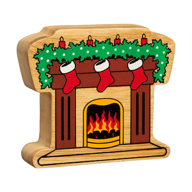 Wooden fireplace toy with three hanging stockings, festive garland, painted candles and flame detail