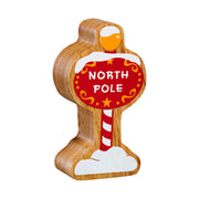 Wooden North Pole sign toy with candy cane striped post, snowy details and decorative beacon