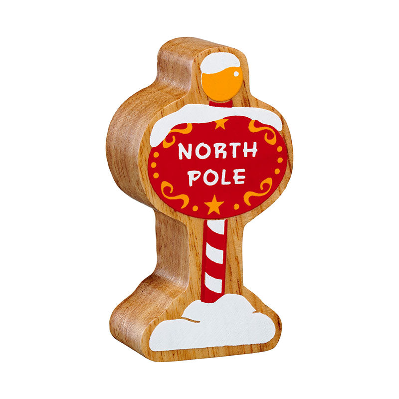 Wooden North Pole sign toy with candy cane striped post, snowy details and decorative beacon
