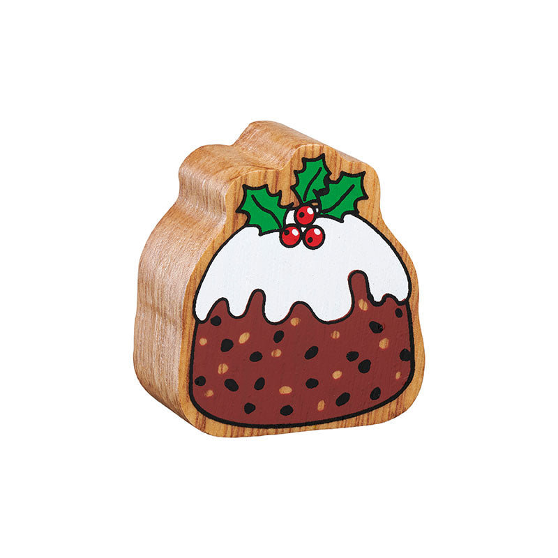 Wooden Christmas pudding toy with sauce topping, holly leaves, berries and a natural wood grain edge