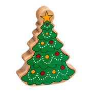 Wooden Christmas tree toy with star topper, painted baubles, dotted garlands and a natural wood grain edge.