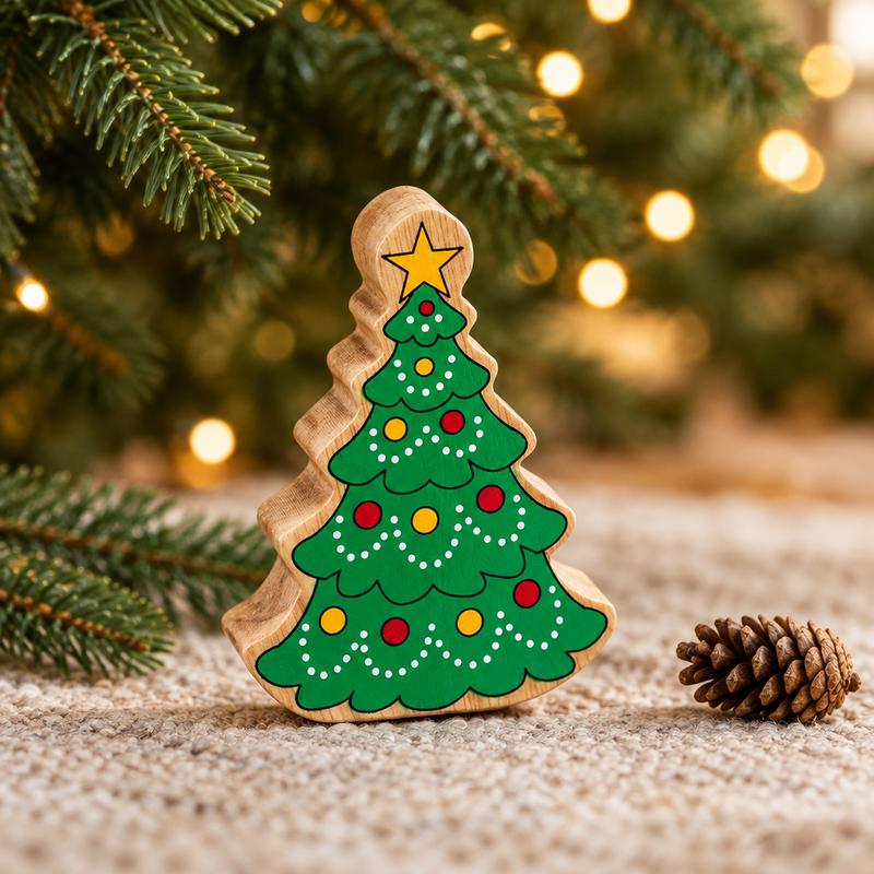Wooden Christmas tree toy beneath festive tree branches beside a pinecone and warm fairy lights