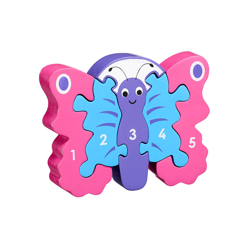 Five-piece wooden butterfly counting jigsaw numbered 1–5, with a happy face and patterned wings