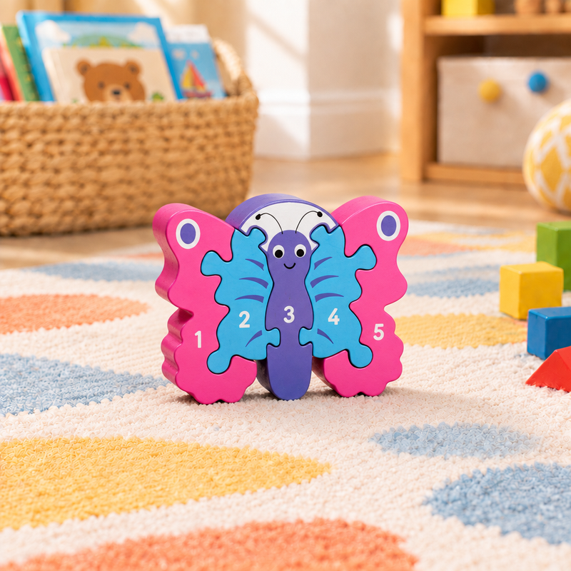 Wooden butterfly counting jigsaw numbered 1–5 on a play mat beside building blocks, with a book basket softly blurred behind