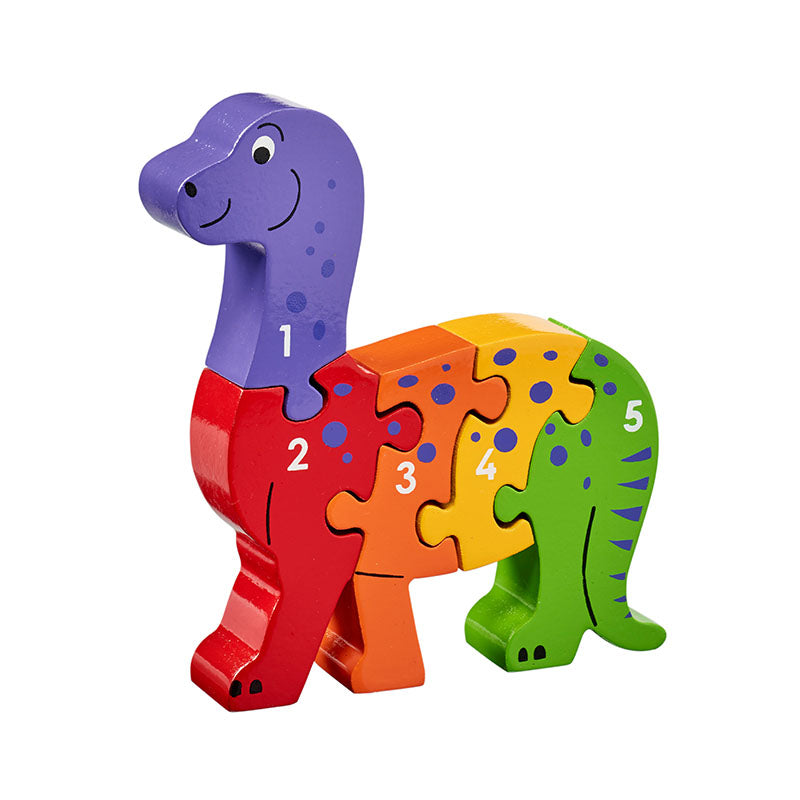 Five-piece wooden diplodocus dinosaur counting jigsaw numbered 1–5, with a smiling face, long neck and spotted details.