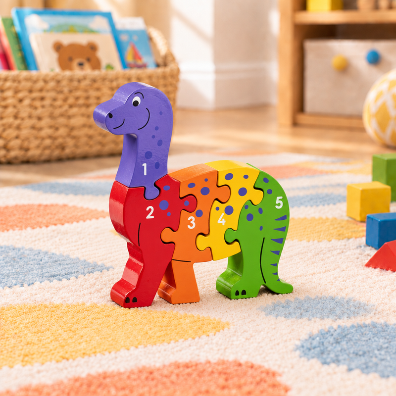 Wooden dinosaur counting jigsaw numbered 1–5 on a play mat beside building blocks, with a book basket softly blurred behind.
