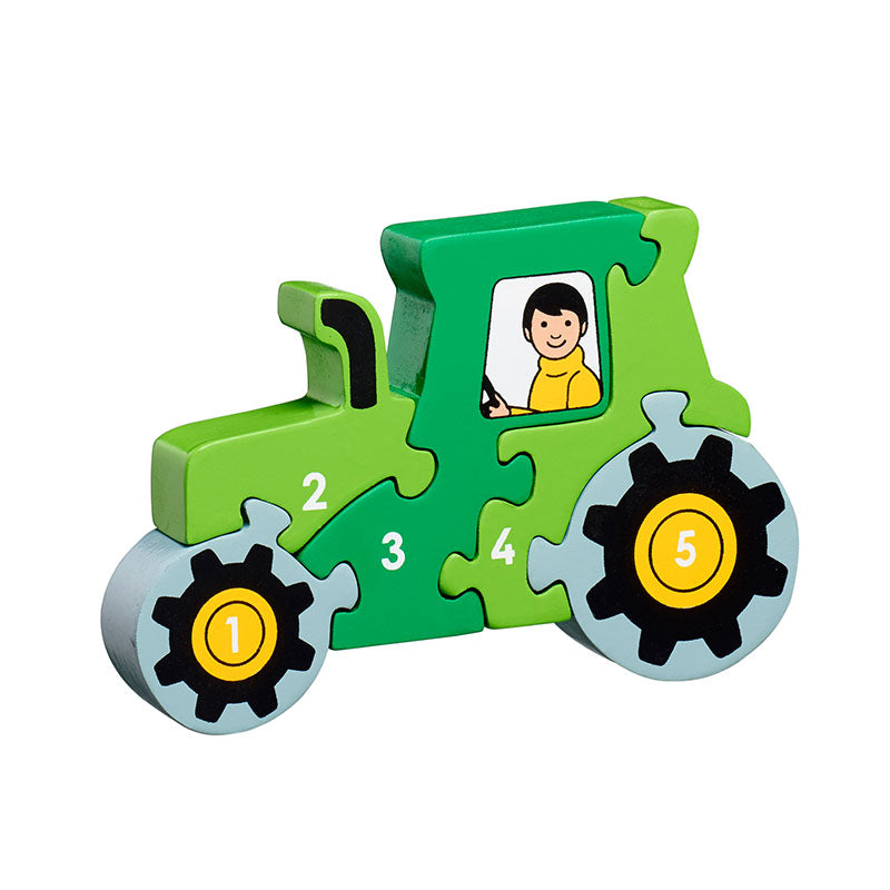 Five-piece wooden tractor counting jigsaw numbered 1–5, with a smiling farmer driver and chunky wheel details