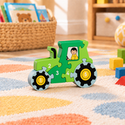 Wooden tractor counting jigsaw numbered 1–5 on a play mat beside building blocks, with a book basket softly blurred behind