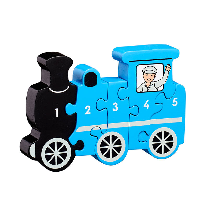 Five-piece wooden train counting jigsaw numbered 1–5, with a smiling driver and wheel details.