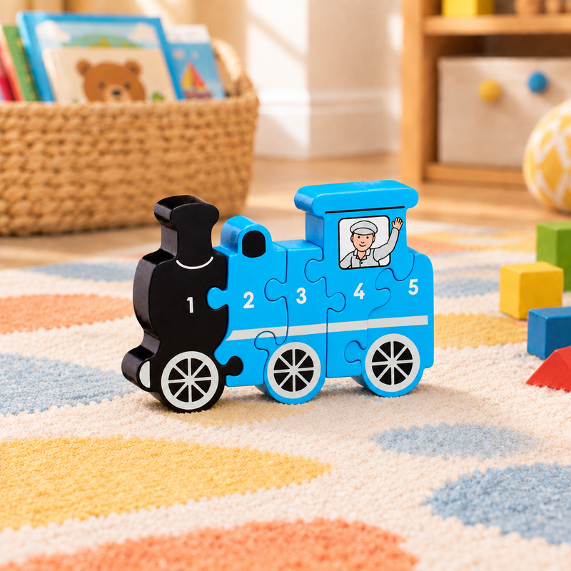 Wooden train counting jigsaw numbered 1–5 on a play mat beside building blocks, with a book basket softly blurred behind
