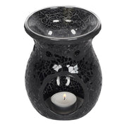Back view of large black crackle oil burner and wax warmer showing construction and finish detail