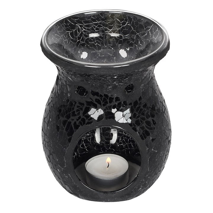 Back view of large black crackle oil burner and wax warmer showing construction and finish detail