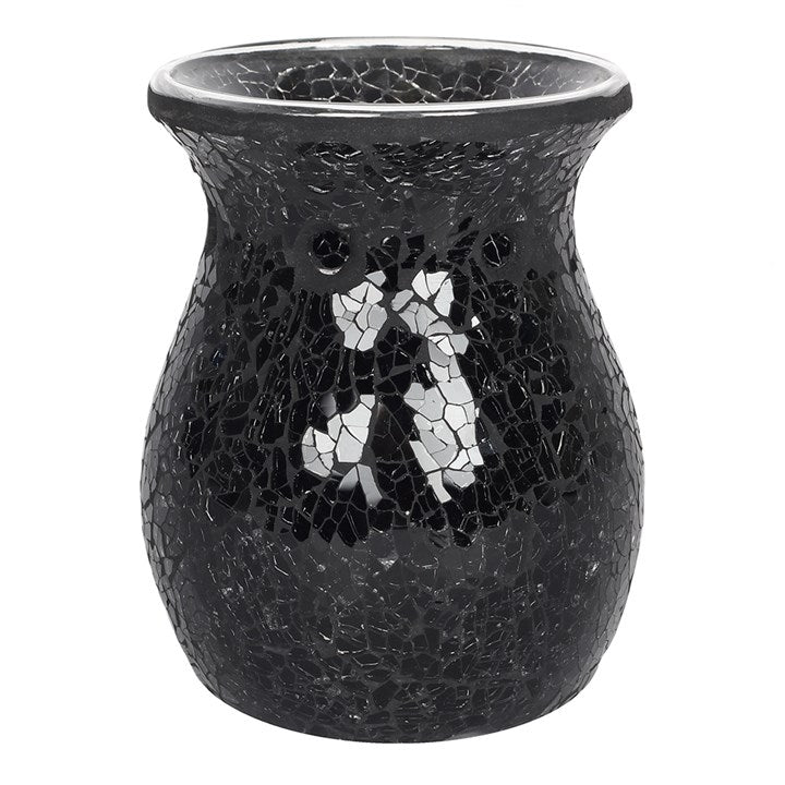 Front view of large black mirrored crackle oil burner and wax warmer, H14cm x W11cm x D11cm