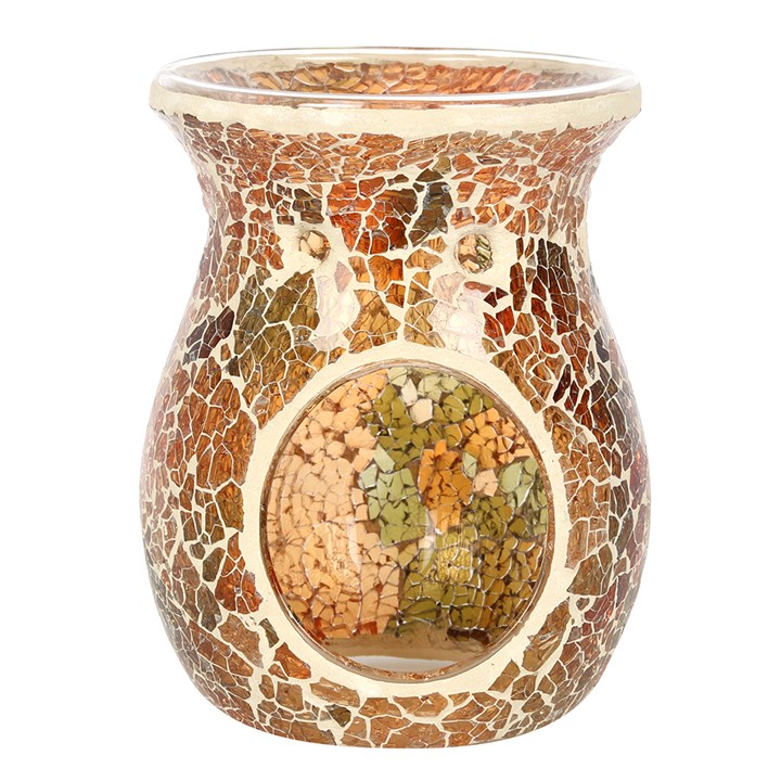 Back view of large brown crackle oil burner and wax warmer showing construction and finish detail