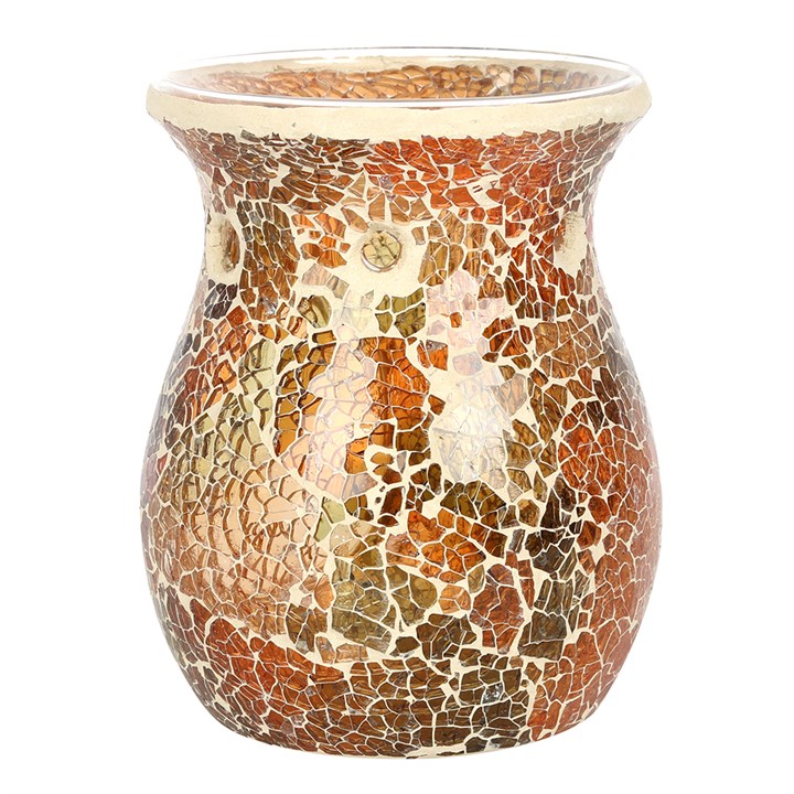 Front view of large brown mirrored crackle oil burner and wax warmer, H14.5cm x W11cm x D10cm