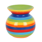 Rainbow Stripe Oil Burner, rear view showing round ceramic body with bold rainbow stripes, white background