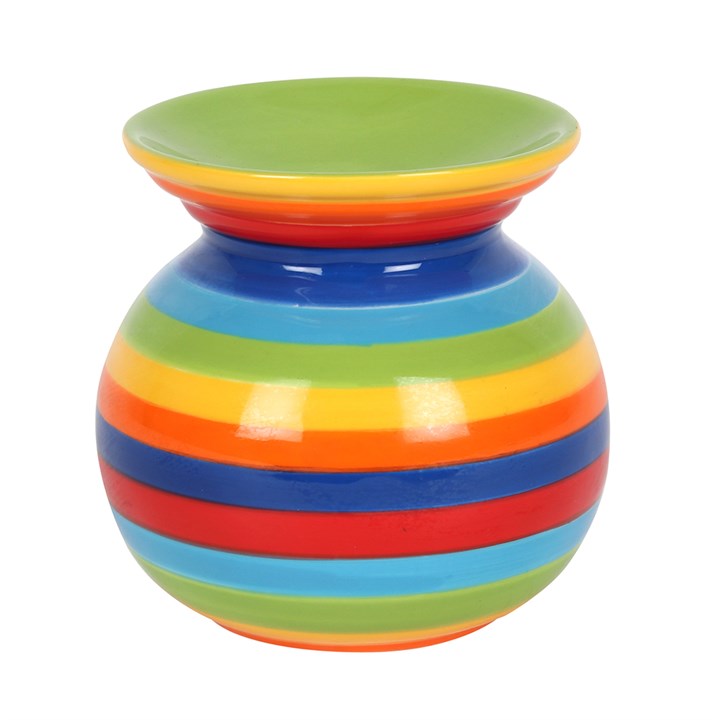 Rainbow Stripe Oil Burner, rear view showing round ceramic body with bold rainbow stripes, white background