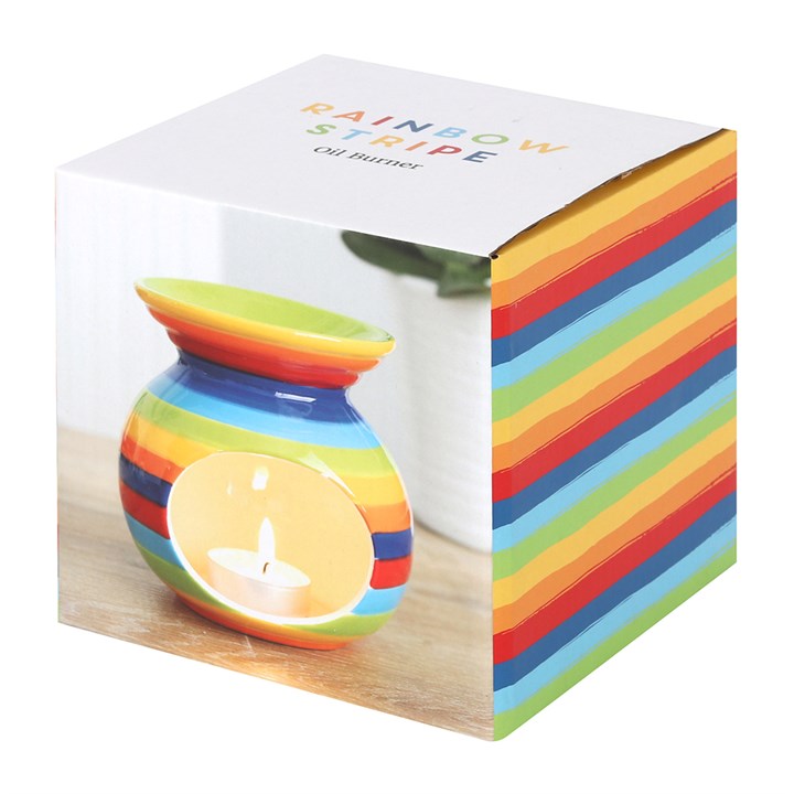 Rainbow Stripe Oil Burner, matching Rainbow Stripe gift box with product image on front, white background