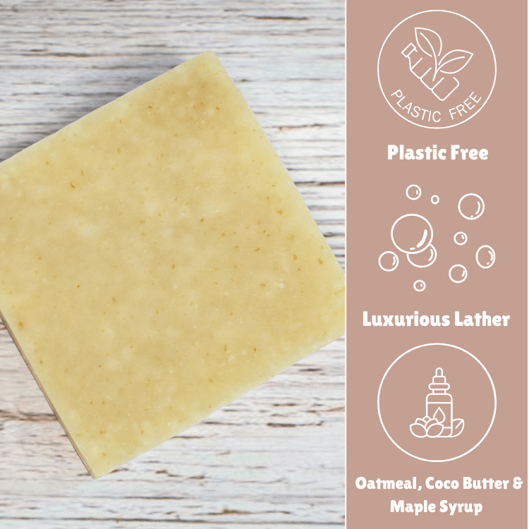 Laneside Soap Co Oats and Maple Soap Bar showing plastic free, luxurious lather, and oatmeal, cocoa butter and maple syrup highlights
