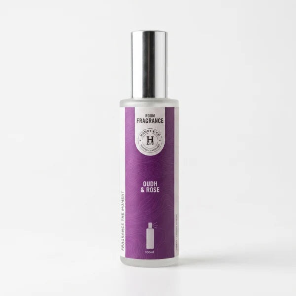 Henry & Co Oudh and Rose room fragrance spray 100ml in a glass bottle with silver cap on a white background